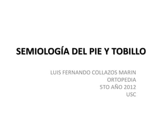 SEMIOLOGÍA DEL PIE Y TOBILLO

       LUIS FERNANDO COLLAZOS MARIN
                          ORTOPEDIA
                       5TO AÑO 2012
                                USC
 