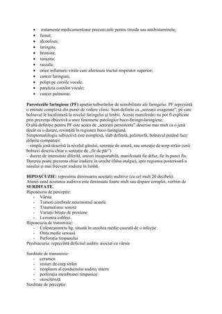 •
•
•
•
•
•
•
•
•
•
•
•

tratamente medicamentoase precum cele pentru tiroida sau antihistaminele;
fumat;
alcoolism;
laringita;
bronsita;
sinuzita;
raceala;
orice inflamatii virale care afecteaza tractul respirator superior;
cancer laringian;
polipi pe corzile vocale;
paralizia corzilor vocale;
cancer pulmonar.

Paresteziile faringiene (PF) aparţin tulburărilor de sensibilitate ale faringelui. PF reprezintă
o entitate complexă din punct de vedere clinic. Sunt definite ca „senzaţii exagerate”, pe care
bolnavul le localizează la nivelul faringelui şi limbii. Aceste manifestări nu pot fi explicate
prin prezenţa obiectivă a unor fenomene patologice buco-faringo-laringiene.
O altă definiţie pentru PF este aceea de „senzaţii persistente” descrise mai mult ca o jenă
decât ca o durere, resimţită în regiunea buco-faringiană.
Simptomatologia subiectivă este complexă, slab definită, polimorfă, bolnavul putând face
diferite comparaţii:
– simpla jenă descrisă la nivelul gâtului, senzaţie de arsură, sau senzaţie de corp străin (unii
bolnavi descriu chiar o senzaţie de „fir de păr”)
– durere de intensitate diferită, uneori insuportabilă, manifestată fie difuz, fie în punct fix.
Durerea poate prezenta chiar iradiere în ureche (falsa otalgie), spre regiunea posterioară a
nasului şi mai frecvent iradiere în limbă.
HIPOACUZIE: reprezinta diminuarea acuitatii auditive (cu cel mult 20 decibeli).
Atunci cand acuitatea auditiva este diminuata foarte mult sau dispare complet, vorbim de
SURDITATE.
Hipoacuzia de percepţie:
- Vârsta
- Tumori cerebrale:neurinomul acustic
- Traumatisme sonore
- Variaţii bruşte de presiune
- Leziunea cohleei
Hipoacuzia de transmisie:
- Colesteatom(tu bg. situată în urechea medie cauzată de o infecţie
- Otita medie seroasă
- Perforaţia timpanului
Presbiacuzia: reprezintă deficitul auditiv asociat cu vârsta
Surditate de transmisie:
- cerumen
- resturi de corp străin
- neoplasm al conductului auditiv intern
- perforaţia membranei timpanice
- otoscleroză
Surditate de percepţie:

 