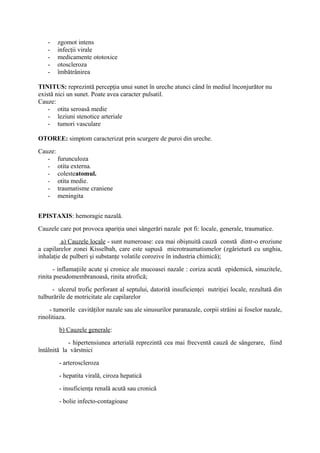 -

zgomot intens
infecţii virale
medicamente ototoxice
otoscleroza
îmbătrânirea

TINITUS: reprezintă percepţia unui sunet în ureche atunci când în mediul înconjurător nu
există nici un sunet. Poate avea caracter pulsatil.
Cauze:
- otita seroasă medie
- leziuni stenotice arteriale
- tumori vasculare
OTOREE: simptom caracterizat prin scurgere de puroi din ureche.
Cauze:
- furunculoza
- otita externa.
- colesteatomul.
- otita medie.
- traumatisme craniene
- meningita
EPISTAXIS: hemoragie nazală.
Cauzele care pot provoca apariţia unei sângerări nazale pot fi: locale, generale, traumatice.
a) Cauzele locale - sunt numeroase: cea mai obişnuită cauză constă dintr-o eroziune
a capilarelor zonei Kisselbah, care este supusă microtraumatismelor (zgârietură cu unghia,
inhalaţie de pulberi şi substanţe volatile corozive în industria chimică);
- inflamaţiile acute şi cronice ale mucoasei nazale : coriza acută epidemică, sinuzitele,
rinita pseudomembranoasă, rinita atrofică;
- ulcerul trofic perforant al septului, datorită insuficienţei nutriţiei locale, rezultată din
tulburările de motricitate ale capilarelor
- tumorile cavităţilor nazale sau ale sinusurilor paranazale, corpii străini ai foselor nazale,
rinolitiaza.
b) Cauzele generale:
- hipertensiunea arterială reprezintă cea mai frecventă cauză de sângerare, fiind
întâlnită la vârstnici
- arteroscleroza
- hepatita virală, ciroza hepatică
- insuficienţa renală acută sau cronică
- bolie infecto-contagioase

 