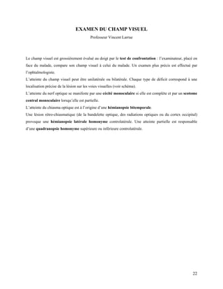 22
EXAMEN DU CHAMP VISUEL
Professeur Vincent Larrue
Le champ visuel est grossièrement évalué au doigt par le test de confrontation : l’examinateur, placé en
face du malade, compare son champ visuel à celui du malade. Un examen plus précis est effectué par
l’ophtalmologiste.
L’atteinte du champ visuel peut être unilatérale ou bilatérale. Chaque type de déficit correspond à une
localisation précise de la lésion sur les voies visuelles (voir schéma).
L’atteinte du nerf optique se manifeste par une cécité monoculaire si elle est complète et par un scotome
central monoculaire lorsqu’elle est partielle.
L’atteinte du chiasma optique est à l’origine d’une hémianopsie bitemporale.
Une lésion rétro-chiasmatique (de la bandelette optique, des radiations optiques ou du cortex occipital)
provoque une hémianopsie latérale homonyme controlatérale. Une atteinte partielle est responsable
d’une quadranopsie homonyme supérieure ou inférieure controlatérale.
 
