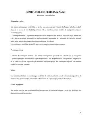 30
SEMIOLOGIE DES NERFS IX, X, XI, XII
Professeur Vincent Larrue
Glossopharyngien
Son atteinte est rarement isolée. Elle est le plus souvent associée à l’atteinte du X, dans le bulbe, ou du X
et du XI au niveau du trou déchiré postérieur. Elle se manifeste par des troubles de la déglutition (fausses
routes laryngées).
Le contingent moteur s’explore en observant le voile du palais et le pharynx lorsque le sujet émet le son
« A ». En cas d’atteinte unilatérale, on observe l’absence d’élévation de l’hémivoile du côté de la lésion et
la déviation latérale du pharynx du côté opposé (signe du rideau).
Les contingents sensitifs et sensoriels sont rarement explorés en pratique courante.
Pneumogastrique
L’atteinte du contingent moteur a les mêmes conséquences que celle de l’atteinte du IX auxquelles
s’ajoute la paralysie unilatérale du larynx responsable d’une dysphonie avec voix gutturale. La paralysie
de la corde vocale est objectivée par l’examen laryngoscopique. Le contingent végétatif est rarement
exploré en pratique courante.
Spinal
Une atteinte unilatérale se manifeste par un déficit de rotation de la tête vers le côté sain (par paralysie du
sterno-cléïdo-mastoïdien) et par un déficit d’élévation de l’épaule (par paralysie du trapèze).
Grand hypoglosse
Son atteinte entraîne une atrophie de l’hémilangue et une déviation de la langue vers le côté déficitaire lors
des mouvements de protraction.
 