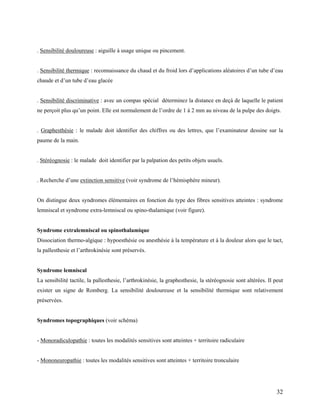 32
. Sensibilité douloureuse : aiguille à usage unique ou pincement.
. Sensibilité thermique : reconnaissance du chaud et du froid lors d’applications aléatoires d’un tube d’eau
chaude et d’un tube d’eau glacée
. Sensibilité discriminative : avec un compas spécial déterminez la distance en deçà de laquelle le patient
ne perçoit plus qu’un point. Elle est normalement de l’ordre de 1 à 2 mm au niveau de la pulpe des doigts.
. Graphesthésie : le malade doit identifier des chiffres ou des lettres, que l’examinateur dessine sur la
paume de la main.
. Stéréognosie : le malade doit identifier par la palpation des petits objets usuels.
. Recherche d’une extinction sensitive (voir syndrome de l’hémisphère mineur).
On distingue deux syndromes élémentaires en fonction du type des fibres sensitives atteintes : syndrome
lemniscal et syndrome extra-lemniscal ou spino-thalamique (voir figure).
Syndrome extralemniscal ou spinothalamique
Dissociation thermo-algique : hypoesthésie ou anesthésie à la température et à la douleur alors que le tact,
la pallesthesie et l’arthrokinésie sont préservés.
Syndrome lemniscal
La sensibilité tactile, la pallesthesie, l’arthrokinésie, la graphesthesie, la stéréognosie sont altérées. Il peut
exister un signe de Romberg. La sensibilité douloureuse et la sensibilité thermique sont relativement
préservées.
Syndromes topographiques (voir schéma)
- Monoradiculopathie : toutes les modalités sensitives sont atteintes + territoire radiculaire
- Mononeuropathie : toutes les modalités sensitives sont atteintes + territoire tronculaire
 