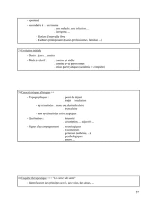 37
- spontané
- secondaire à : . un trauma
. une maladie, une infection, ...
. iatrogène, ...
- Notion d'intervalle libre
- Facteurs prédisposants (socio-professionnel, familial, ...)
2) Evolution initiale
- Durée : jours ... années
- Mode évolutif : . continu et stable
. continu avec paroxysmes
. crises paroxystiques (accalmie ± complète)
3) Caractéristiques cliniques ++
- Topographiques : . point de départ
. trajet irradiation
- systématisées . mono ou pluriradiculaire
. tronculaire
- non systématisées voire atypiques
- Qualitatives : . intensité
. description, ... adjectifs ...
- Signes d'accompagnement . neurologiques
. vasomoteurs
. généraux (asthénie, ...)
. psychologiques
. autres ...
4) Enquête thérapeutique +++ "Le carnet de santé"
- Identification des principes actifs, des voies, des doses, ...
 