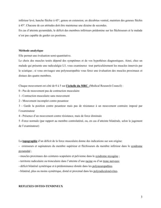 3
inférieur levé, hanche fléchie à 45°, genou en extension; en décubitus ventral, maintien des genoux fléchis
à 45°. Chacune de ces attitudes doit être maintenue une dizaine de secondes.
En cas d’atteinte pyramidale, le déficit des membres inférieurs prédomine sur les fléchisseurs et le malade
n’est pas capable de garder ces positions.
Méthode analytique
Elle permet une évaluation semi-quantitative.
Le choix des muscles testés dépend des symptômes et de vos hypothèses diagnostiques. Ainsi, chez un
malade qui présente une radiculalgie L5, vous examinerez tout particulièrement les muscles innervés par
le sciatique ; si vous envisagez une polyneuropathie vous ferez une évaluation des muscles proximaux et
distaux des quatre membres.
Chaque mouvement est côté de 0 à 5 sur l’échelle du MRC (Medical Research Council) :
0 - Pas de mouvement pas de contraction musculaire
1 - Contraction musculaire sans mouvement
2 - Mouvement incomplet contre pesanteur
3 - Garde la position contre pesanteur mais pas de résistance à un mouvement contraire imposé par
l’examinateur
4 - Présence d’un mouvement contre résistance, mais de force diminuée
5 -Force normale (par rapport au membre controlatéral, ou, en cas d’atteinte bilatérale, selon le jugement
de l’examinateur)
La topographie d’un déficit de la force musculaire donne des indications sur son origine:
- extenseurs et supinateurs du membre supérieur et fléchisseurs du membre inférieur dans le syndrome
pyramidal ;
- muscles proximaux des ceintures scapulaire et pelvienne dans le syndrome myogène ;
- territoire radiculaire ou tronculaire dans l’atteinte d’une racine ou d’un tronc nerveux;
- déficit bilatéral symétrique et à prédominance distale dans les polyneuropathies
- bilatéral, plus ou moins symétrique, distal et proximal dans les polyradiculonévrites.
REFLEXES OSTEO-TENDINEUX
 