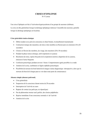 58
CRISES D’EPILEPSIE
Pr V Larrue
Une crise d’épilepsie est liée à l’activation hypersynchrone d’un groupe de neurones cérébraux.
La crise est dite généralisée lorsque la décharge épileptique intéresse l’ensemble des neurones, partielle
lorsque la décharge épileptique est localisée.
Crise généralisée tonico-clonique
 Début soudain avec perte de conscience et chute brutale, éventuellement traumatisante
 Contraction tonique des masséters, du tronc et des membres en flexion puis en extension (10 à 20
secondes)
 Clonies en flexion des membres, du visage, des masséters (20 à 30 secondes)
 Pendant la phase tonico-clonique, arrêt respiratoire et cyanose
 Résolution du tonus, reprise bruyante de la respiration (stertor), disparition de la cyanose,
émission d’urine fréquente
 Confusion postcritique pendant environ 1 heure. Comportements agités possibles à ce stade
 Amnésie de la crise, courbatures et légère céphalée postcritiques
 Possibilité de morsure du bord latéral de la langue (valeur diagnostique rétrospective, alors que la
morsure du bout de la langue peut se voir dans toute perte de connaissance)
Absence simple (absence petit-mal)
 Crise généralisée
 Suspension de la conscience durant moins de 20 secondes
 Interruption de l’activité en cours
 Rupture de contact (ne parle pas, ne répond pas)
 Pas de phénomène moteur sauf, parfois, des clonies palpébrales
 Reprise immédiate d’une conscience normale et de l’activité
 Amnésie de la crise
 