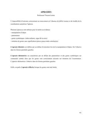 61
APRAXIES
Professeur Vincent Larrue
L’impossibilité d’exécuter correctement un mouvement en l’absence de déficit moteur et de trouble de la
coordination caractérise l’apraxie.
Plusieurs épreuves sont utilisées pour la mettre en évidence:
- manipulation d’objets
- pantomimes
- gestes symboliques (salut militaire, signe de la croix)
- imitation de gestes sans signification (pinces pouce-index entrelacées)
L’apraxie idéatoire est définie par un défaut d’exécution lors de la manipulation d’objets. On l’observe
dans les lésions pariétales gauches.
L’apraxie idéomotrice est caractérisée par un défaut des pantomimes et des gestes symboliques sur
commande verbale alors que les gestes sont correctement exécutés sur imitation de l’examinateur.
L’apraxie idéomotrice s’observe dans les lésions pariétales gauches.
Enfin, on parle d’apraxie réflexive lorsque les gestes sont mal imités.
 