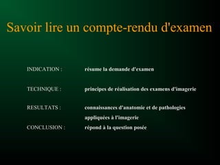 INDICATION : résume la demande d'examen
TECHNIQUE : principes de réalisation des examens d'imagerie
RESULTATS : connaissances d'anatomie et de pathologies
appliquées à l'imagerie
CONCLUSION : répond à la question posée
Savoir lire un compte-rendu d'examen
 