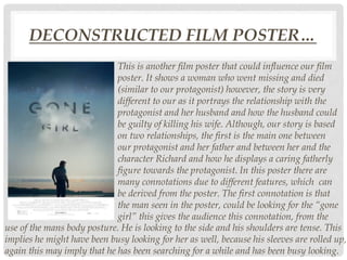 DECONSTRUCTED FILM POSTER…
This is another film poster that could influence our film
poster. It shows a woman who went missing and died
(similar to our protagonist) however, the story is very
different to our as it portrays the relationship with the
protagonist and her husband and how the husband could
be guilty of killing his wife. Although, our story is based
on two relationships, the first is the main one between
our protagonist and her father and between her and the
character Richard and how he displays a caring fatherly
figure towards the protagonist. In this poster there are
many connotations due to different features, which can
be derived from the poster. The first connotation is that
the man seen in the poster, could be looking for the “gone
girl” this gives the audience this connotation, from the
use of the mans body posture. He is looking to the side and his shoulders are tense. This
implies he might have been busy looking for her as well, because his sleeves are rolled up,
again this may imply that he has been searching for a while and has been busy looking.
 