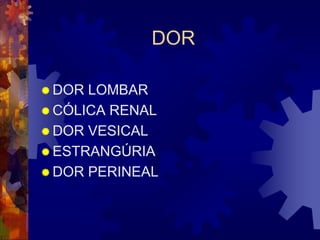 DOR

 DOR LOMBAR
 CÓLICA RENAL
 DOR VESICAL
 ESTRANGÚRIA
 DOR PERINEAL
 