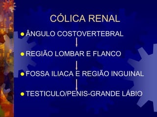 CÓLICA RENAL
 ÂNGULO   COSTOVERTEBRAL

 REGIÃO   LOMBAR E FLANCO

 FOSSA   ILIACA E REGIÃO INGUINAL

 TESTICULO/PENIS-GRANDE     LÁBIO
 