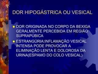 DOR HIPOGÁSTRICA OU VESICAL

 DOR ORIGINADA NO CORPO DA BEXIGA
  GERALMENTE PERCEBIDA EM REGIÃO
  SUPRAPÚBICA
 ESTRANGÚRIA:INFLAMAÇÃO VESICAL
  INTENSA PODE PROVOCAR A
  ELIMINAÇÃO LENTA E DOLOROSA DA
  URINA(ESPAMO DO COLO VESICAL)
 