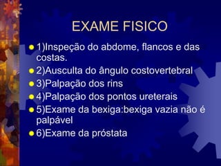 EXAME FISICO
 1)Inspeção   do abdome, flancos e das
  costas.
 2)Ausculta do ângulo costovertebral
 3)Palpação dos rins
 4)Palpação dos pontos ureterais
 5)Exame da bexiga:bexiga vazia não é
  palpável
 6)Exame da próstata
 