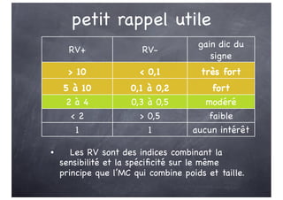 petit rappel utile
• Les RV sont des indices combinant la
sensibilité et la spécificité sur le même
principe que l’MC qui combine poids et taille.
RV+ RV-
gain dic du
signe
> 10 < 0,1 très fort
5 à 10 0,1 à 0,2 fort
2 à 4 0,3 à 0,5 modéré
< 2 > 0,5 faible
1 1 aucun intérêt
 