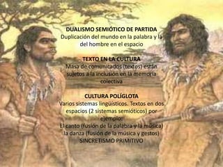 DUALISMO SEMIÓTICO DE PARTIDA
Duplicación del mundo en la palabra y la
       del hombre en el espacio

        TEXTO EN LA CULTURA
  Masa de comunicados (textos) están
  sujetos a la inclusión en la memoria
                 colectiva

           CULTURA POLÍGLOTA
Varios sistemas lingüísticos. Textos en dos
   espacios (2 sistemas semióticos) por
                  ejemplo:
El canto (fusión de la palabra y la música)
  la danza (fusión de la música y gestos)
         SINCRETISMO PRIMITIVO
 