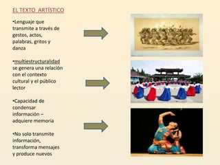 EL TEXTO ARTÍSTICO
•Lenguaje que
transmite a través de
gestos, actos,
palabras, gritos y
danza

•multiestructuralidad
se genera una relación
con el contexto
cultural y el público
lector

•Capacidad de
condensar
información –
adquiere memoria

•No solo transmite
información,
transforma mensajes
y produce nuevos
 