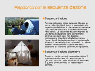 Rapporto con le sequenze d'azione

              Sequenza d'azione
              Arrivare sul posto, aprire la sacca, liberare la
              tenda dalla cinghia di fermo e lanciarla in aria
              aspettando che si apra, piantare eventualmente
              i picchetti per ancorarla al terreno ed entrare
              nella tenda. Le sequenze d'azione rispetto ad
              una tenda tradizionale sono quindi molto
              diverse e semplif cate, non bisogna
                                  i
              preoccuparsi di portare tutta l'attrezzatura
              ( aste, tiranti..) o impiegare troppo tempo nella
              sistemazione della tenda montando lo scheletro
              interno, sistemando la copertura esterna,
              alzandola e f ssandola poi con funi e picchetti.
                            i

              Sequenza d'azione alternativa
              Essendo una tenda cosi veloce da montare è
              spesso usata in casa o in terrazzo per far
              giocare i bambini basta infatti aprirla in camera
              e questa diventa subito un nascondiglio
              perfetto.
 