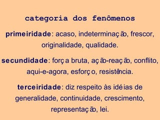 categoria dos fenômenos
primeiridade: acaso, indeterminaç ão, frescor,
originalidade, qualidade.
secundidade: forç a bruta, aç ão-reaç ão, conflito,
aqui-e-agora, esforç o, resistência.
terceiridade: diz respeito às idéias de
generalidade, continuidade, crescimento,
representaç ão, lei.
 