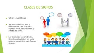 CLASES DE SIGNOS
 SIGNOS LINGUISTICOS:
 Son imprescindibles para la
comunicación, nos sirve para
expresar ideas, descripciones, y
estados de animo.
 Los lingüísticos son arbitrarios,
tiene intencionalidad, son tanto
unívocos y multivicos y conforman
sistemas.
 