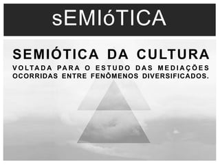 sEMIóTICA 
SEMIÓTICA DA CULTURA 
V OLTA D A PA R A O E S T U D O DAS ME D I A Ç ÕE S 
OCORRIDAS ENTRE FENÔMENOS DIVERSIFICADOS. 
 