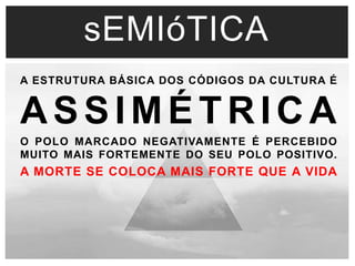 sEMIóTICA 
A ESTRUTURA BÁSICA DOS CÓDIGOS DA CULTURA É 
ASSIMÉTRICA 
O POLO MARCADO NEGATIVAMENTE É PERCEBIDO 
MUITO MAIS FORTEMENTE DO SEU POLO POSITIVO. 
A MORTE SE COLOCA MAIS FORTE QUE A VIDA 
 