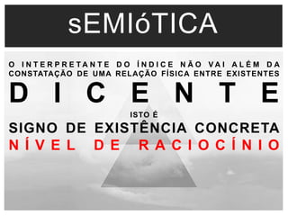 sEMIóTICA 
O I N T E R P R E T A N T E D O Í N D I C E N Ã O V A I A L É M D A 
CONSTATAÇÃO DE UMA RELAÇÃO FÍSICA ENTRE EXISTENTES 
D I C E N T E 
ISTO É 
SIGNO DE EXISTÊNCIA CONCRETA 
N Í V E L D E R A C I O C Í N I O 
 