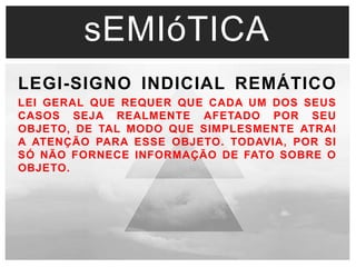 sEMIóTICA 
LEGI-SIGNO INDICIAL REMÁTICO 
LEI GERAL QUE REQUER QUE CADA UM DOS SEUS 
CASOS SEJA REALMENTE AFETADO POR SEU 
OBJETO, DE TAL MODO QUE SIMPLESMENTE ATRAI 
A ATENÇÃO PARA ESSE OBJETO. TODAVIA, POR SI 
SÓ NÃO FORNECE INFORMAÇÃO DE FATO SOBRE O 
OBJETO. 
 