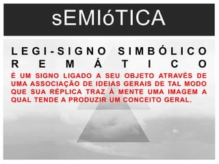 sEMIóTICA 
L E G I - S I G N O S I M B Ó L I C O 
R E M Á T I C O 
É UM SIGNO LIGADO A SEU OBJETO ATRAVÉS DE 
UMA ASSOCIAÇÃO DE IDEIAS GERAIS DE TAL MODO 
QUE SUA RÉPLICA TRAZ À MENTE UMA IMAGEM A 
QUAL TENDE A PRODUZIR UM CONCEITO GERAL. 
 