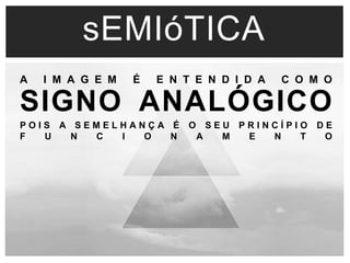 sEMIóTICA 
A I M A G E M É E N T E N D I D A C O M O 
SIGNO ANALÓGICO 
P O I S A S E M E L H A N Ç A É O S E U P R I N C Í P I O D E 
F U N C I O N A M E N T O 
 