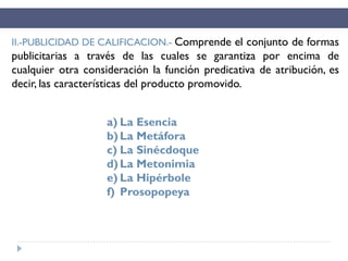 II.-PUBLICIDAD DE CALIFICACION.- Comprende el conjunto de formas
publicitarias a través de las cuales se garantiza por encima de
cualquier otra consideración la función predicativa de atribución, es
decir, las características del producto promovido.
a) La Esencia
b) La Metáfora
c) La Sinécdoque
d) La Metonimia
e) La Hipérbole
f) Prosopopeya
 