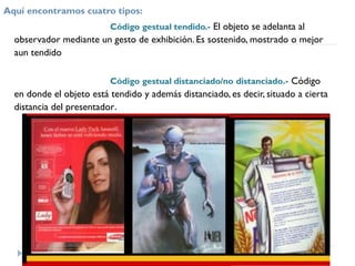 Aquí encontramos cuatro tipos:
Código gestual tendido.- El objeto se adelanta al
observador mediante un gesto de exhibición. Es sostenido, mostrado o mejor
aun tendido
Código gestual distanciado/no distanciado.- Código
en donde el objeto está tendido y además distanciado, es decir, situado a cierta
distancia del presentador.
 