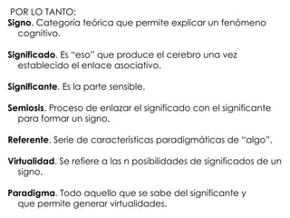  POR LO TANTO: Signo . Categoría teórica que permite explicar un fenómeno cognitivo. Significado . Es “eso” que produce el cerebro una vez establecido el enlace asociativo. Significante . Es la parte sensible. Semiosis . Proceso de enlazar el significado con el significante para formar un signo. Referente . Serie de características paradigmáticas de “algo”. Virtualidad . Se refiere a las n posibilidades de significados de un signo. Paradigma . Todo aquello que se sabe del significante y que permite generar virtualidades. 
