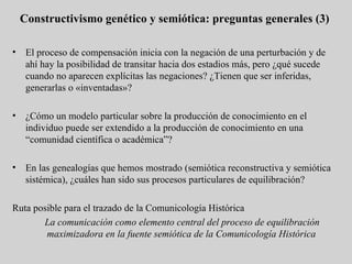 El proceso  de compensación inicia con la negación de una perturbación y de ahí hay la posibilidad de transitar hacia dos estadios más, pero ¿qué sucede cuando no aparecen explícitas las negaciones? ¿Tienen que ser inferidas, generarlas o «inventadas»? ¿Cómo un modelo particular sobre la producción de conocimiento en el individuo puede ser extendido a la producción de conocimiento en una “comunidad científica o académica”? En las genealogías que hemos mostrado (semiótica reconstructiva y semiótica sistémica), ¿cuáles han sido sus procesos particulares de equilibración? Ruta posible para el trazado de la Comunicología Histórica La comunicación como elemento central del proceso de equilibración maximizadora en la fuente semiótica de la Comunicología Histórica   Constructivismo genético y semiótica: preguntas generales (3) 