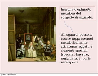 Insegna o epigrafe:
                      metafora del
                      soggetto di sguardo.




                      Gli sguardi possono
                      essere rappresentati
                      metaforicamente
                      attraverso oggetti e
                      elementi spaziali
                      (specchi, finestre,
                      raggi di luce, porte
                      semiaperte


giovedì 29 marzo 12
 