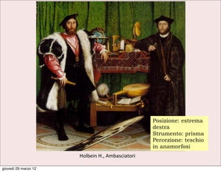 Posizione: estrema
                                                       destra
                                                       Strumento: prisma
                                                       Percezione: teschio
                                                       in anamorfosi
                      Holbein	
  H.,	
  Ambasciatori

giovedì 29 marzo 12
 
