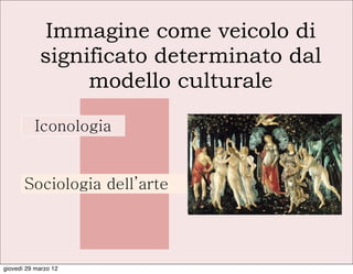 Immagine come veicolo di
            significato determinato dal
                 modello culturale

          Iconologia


       Sociologia dell’arte




giovedì 29 marzo 12
 