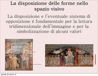 La disposizione delle forme nello
                     spazio visivo
       La disposizione e l’eventuale sistema di
      opposizione è fondamentale per la lettura
        tridimensionale dell’immagine e per la
            simbolizzazione di alcuni valori




giovedì 29 marzo 12
 