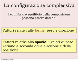 La configurazione complessiva
          L’equilibrio o squilibrio della composizione
                    possono essere dati da:



  Fattori relativi alle forme: peso e direzione


  Fattori relativi allo spazio: i valori di peso
  variano a seconda della direzione e della
  posizione

giovedì 29 marzo 12
 