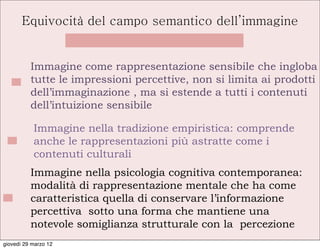 Equivocità del campo semantico dell’immagine


          Immagine come rappresentazione sensibile che ingloba
          tutte le impressioni percettive, non si limita ai prodotti
          dell’immaginazione , ma si estende a tutti i contenuti
          dell’intuizione sensibile

           Immagine nella tradizione empiristica: comprende
           anche le rappresentazioni più astratte come i
           contenuti culturali
          Immagine nella psicologia cognitiva contemporanea:
          modalità di rappresentazione mentale che ha come
          caratteristica quella di conservare l’informazione
          percettiva sotto una forma che mantiene una
          notevole somiglianza strutturale con la percezione
giovedì 29 marzo 12
 