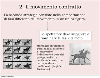2. Il movimento contratto
   La seconda strategia consiste nella compattazione
   di fasi differenti del movimento in un’unica figura.



                                Lo spettatore deve sciogliere e
                                riordinare le fasi del moto

                             Montaggio in un’unica
                             posa di fasi differenti
                             e successive.
                             Individuate 4 pose del
                             galoppo nell’arte
                             occidentale: solo una
                             corrispondeva a
                             quella reale (fregi del
                             Partenone)

giovedì 29 marzo 12
 