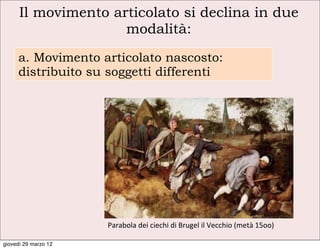 Il movimento articolato si declina in due
                     modalità:
     a. Movimento articolato nascosto:
     distribuito su soggetti differenti




                      Parabola	
  dei	
  ciechi	
  di	
  Brugel	
  il	
  Vecchio	
  (metà	
  15oo)

giovedì 29 marzo 12
 