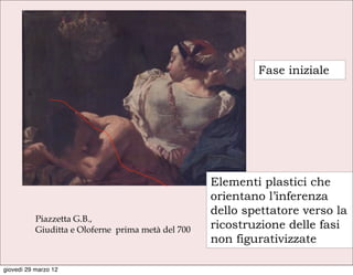 Fase iniziale




                                                    Elementi plastici che
                                                    orientano l’inferenza
                                                    dello spettatore verso la
           Piazzetta G.B.,
           Giuditta e Oloferne prima metà del 700   ricostruzione delle fasi
                                                    non figurativizzate

giovedì 29 marzo 12
 