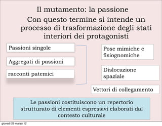 Il mutamento: la passione
                Con questo termine si intende un
              processo di trasformazione degli stati
                     interiori dei protagonisti
     Passioni singole                         Pose mimiche e
                                              fisiognomiche
     Aggregati di passioni
                                              Dislocazione
    racconti patemici                         spaziale

                                          Vettori di collegamento

                  Le passioni costituiscono un repertorio
              strutturato di elementi espressivi elaborati dal
                             contesto culturale
giovedì 29 marzo 12
 