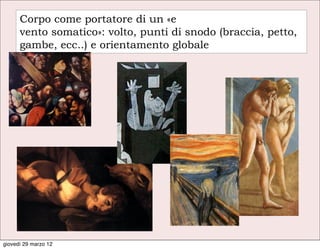 Corpo come portatore di un «e
      vento somatico»: volto, punti di snodo (braccia, petto,
      gambe, ecc..) e orientamento globale




giovedì 29 marzo 12
 