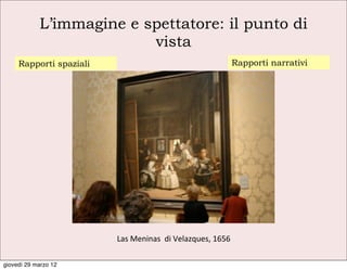 L’immagine e spettatore: il punto di
                          vista
     Rapporti spaziali                                                    Rapporti narrativi




                         Las	
  Meninas	
  	
  di	
  Velazques,	
  1656

giovedì 29 marzo 12
 
