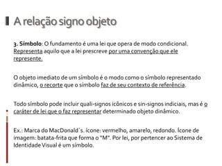 A relação signo objeto
3. Símbolo: O fundamento é uma lei que opera de modo condicional.
Representa aquilo que a lei prescreve por uma convenção que ele
represente.


O objeto imediato de um símbolo é o modo como o símbolo representado
dinâmico, o recorte que o símbolo faz de seu contexto de referência.


Todo símbolo pode incluir quali-signos icônicos e sin-signos indiciais, mas é o
caráter de lei que o faz representar determinado objeto dinâmico.


Ex.: Marca do MacDonald´s. ícone: vermelho, amarelo, redondo. Ícone de
imagem: batata-frita que forma o “M”. Por lei, por pertencer ao Sistema de
Identidade Visual é um símbolo.
 