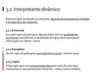 3.2 Interpretante dinâmico
Efeito do signo atualizado no intérprete, depende do interpretante imediato
e do repertório do intérprete.


3.2.1 Emocional
Um quali-signo só pode gerar algo da ordem de uma qualidade de
sentimento, semelhantes as qualidades do signo. Serve para passar
informações em aberto – ícone.


3.2.2 Energético
Um sin-signo só pode gerar uma ação física mental – índice e ícone.


3.2.3 Lógico
O legi-signo gera uma interpretação lógica por meio de uma regra
interpretativa internalizada pelo intérprete – índice, ícone e símbolo.
 