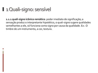 1 Quali-signo: sensível
1.1.1 quali-signo icônico remático: poder imediato de significação; a
sensação produz o interpretante hipotético, o quali-signo sugere qualidades
semelhantes a ele, só funciona como signo por causa da qualidade. Ex:. O
timbre de um instrumento, a cor, textura.
 