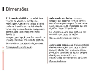 Dimensões
A dimensão sintática trata da inter-     A dimensão semântica trata das
relação de vários elementos da           relações das escolhas formais com os
mensagem. Considera-se que o signo       conteúdos expressos pela forma, nesse
pode ser inserido em seqüências de       nível é considerado em relação que ele
outros signos com bases em regras de     significa. Signo X Significado.
combinação (a mensagem em si).           Ex: Utilizar em uma peça gráfica a cor
Teoria da                                vermelha por causa do Japão.
imagem, percepção, conhecimento da       Operação de seleção de signos.
linguagem visual em suporte gráfico.
Ex: combinar cor, tipografia, suporte.
                                         A dimensão pragmática trata da relação
Operação de combinação.                  de duas mensagens com seus usuários
                                         (público-alvo) e com seus materiais de
                                         produção, considera-se aqui as origens
                                         dos signos, seus efeitos nos
                                         destinatários e uso que deles se fazem.
                                         Operação de uso.
 
