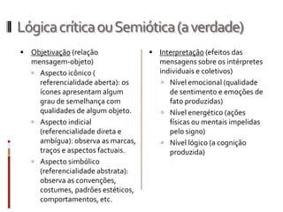 Lógica crítica ou Semiótica (a verdade)
   Objetivação (relação              Interpretação (efeitos das
    mensagem-objeto)                    mensagens sobre os intérpretes
     Aspecto icônico (                 individuais e coletivos)
      referencialidade aberta): os        Nível emocional (qualidade
      ícones apresentam algum              de sentimento e emoções de
      grau de semelhança com               fato produzidas)
      qualidades de algum objeto.         Nível energético (ações
     Aspecto indicial                     físicas ou mentais impelidas
      (referencialidade direta e           pelo signo)
      ambígua): observa as marcas,        Nível lógico (a cognição
      traços e aspectos factuais.          produzida)
     Aspecto simbólico
      (referencialidade abstrata):
      observa as convenções,
      costumes, padrões estéticos,
      comportamentos, etc.
 