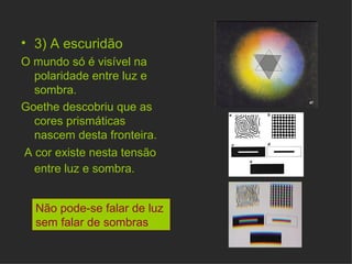 3) A escuridão  O mundo só é visível na polaridade entre luz e sombra. Goethe descobriu que as cores prismáticas nascem desta fronteira. A cor existe nesta tensão entre luz e sombra.   Não pode-se falar de luz  sem falar de sombras 